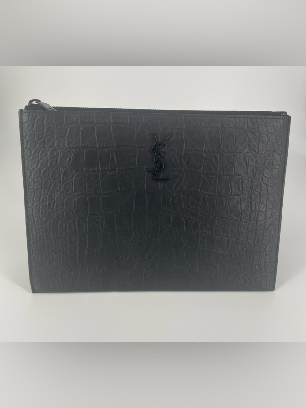 Saint Laurent Black Croc-Embossed Leather Pouch with Tonal YSL